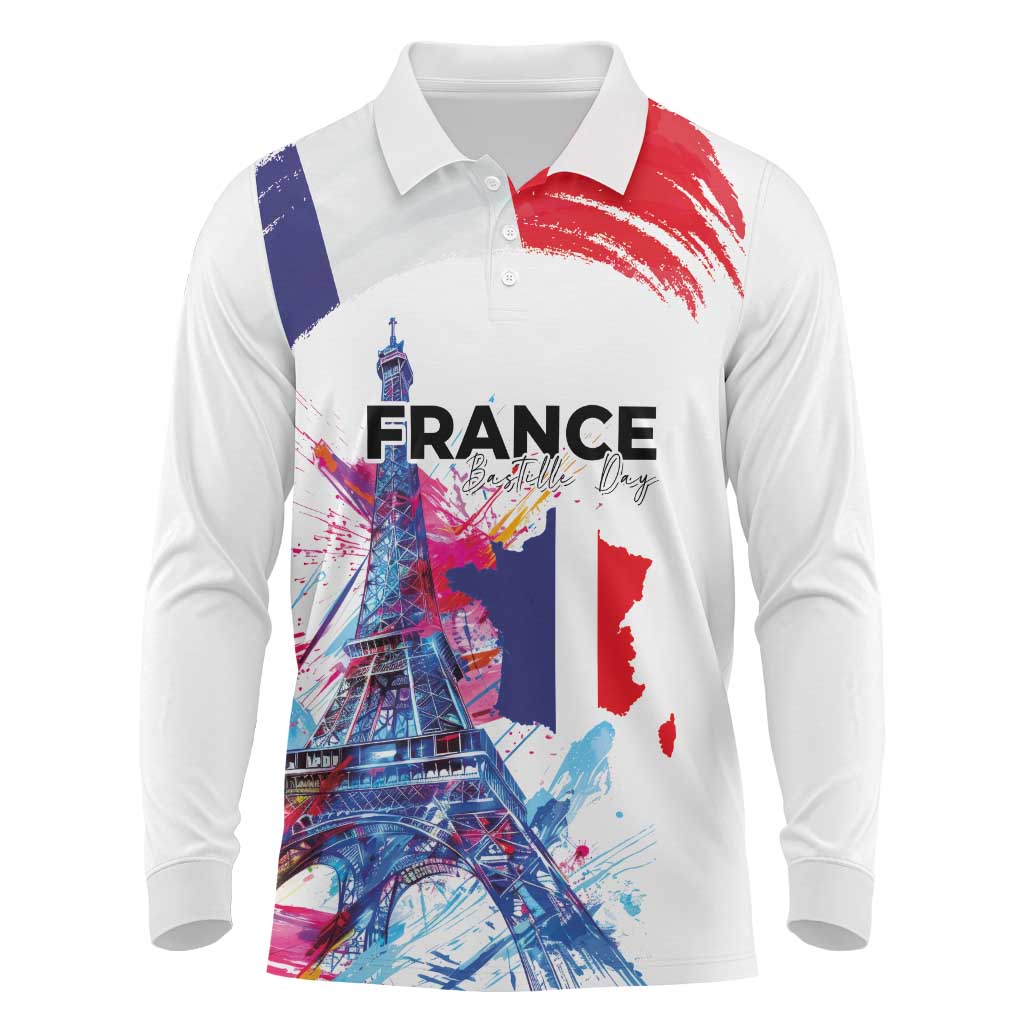 Bastille Day Long Sleeve Polo Shirt Eiffel Tower Brush Strokes Colorful with The Map