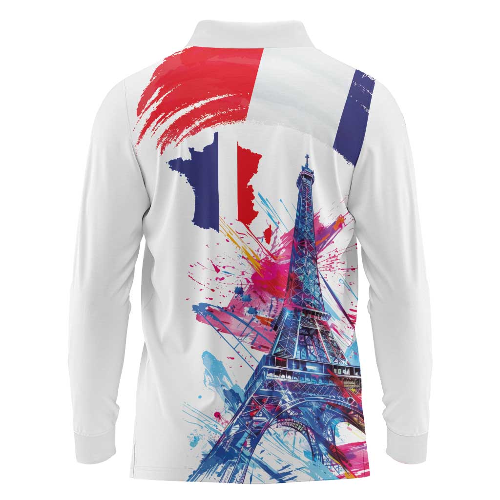 Bastille Day Long Sleeve Polo Shirt Eiffel Tower Brush Strokes Colorful with The Map