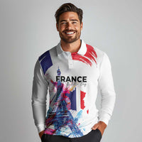 Bastille Day Long Sleeve Polo Shirt Eiffel Tower Brush Strokes Colorful with The Map