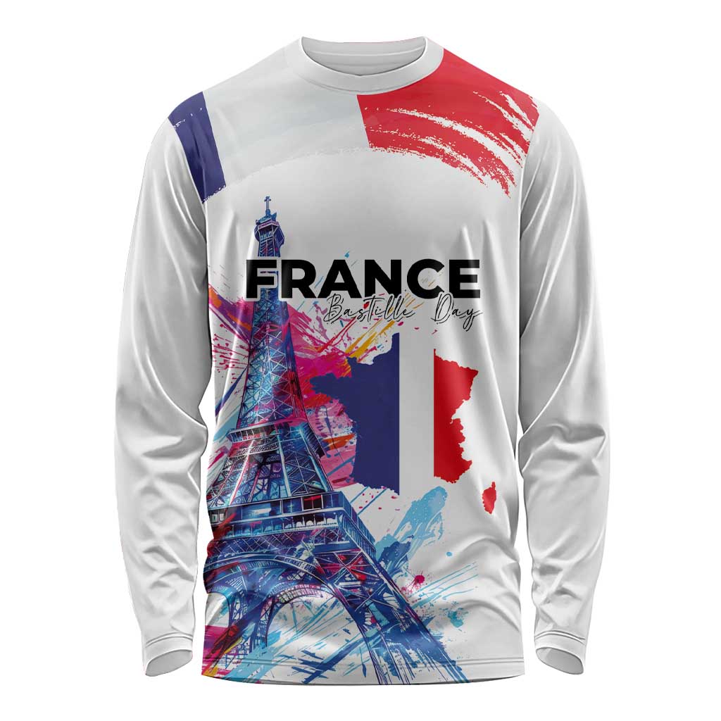 Bastille Day Long Sleeve Shirt Eiffel Tower Brush Strokes Colorful with The Map
