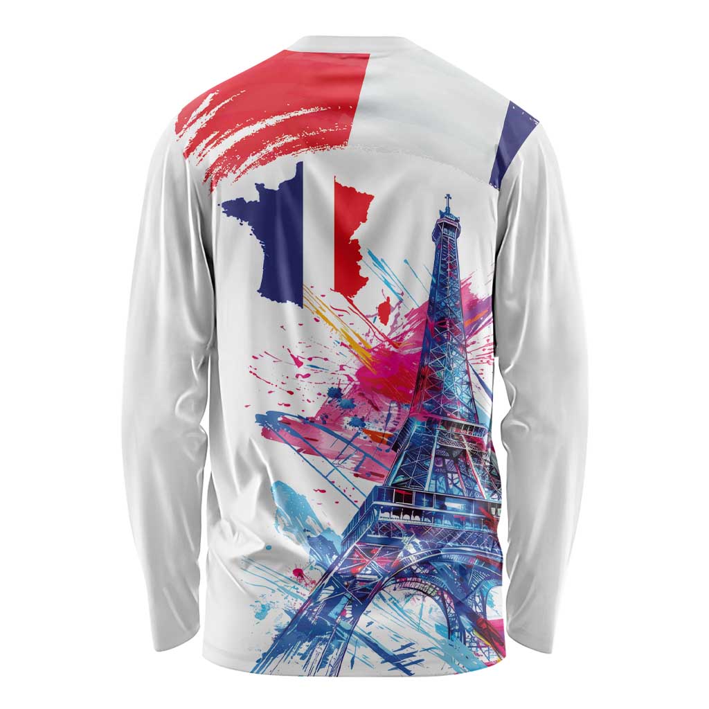 Bastille Day Long Sleeve Shirt Eiffel Tower Brush Strokes Colorful with The Map