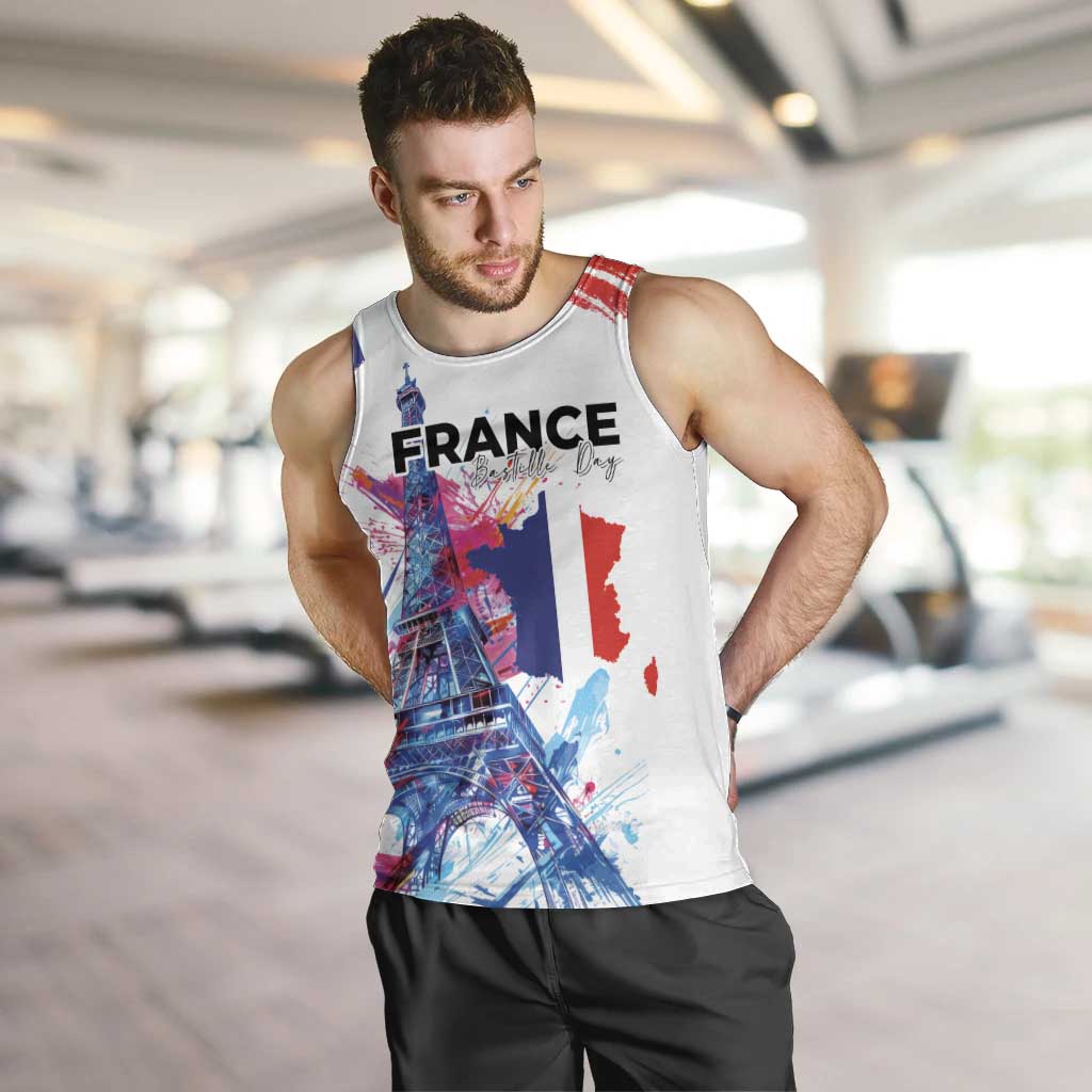 Bastille Day Men Tank Top Eiffel Tower Brush Strokes Colorful with The Map