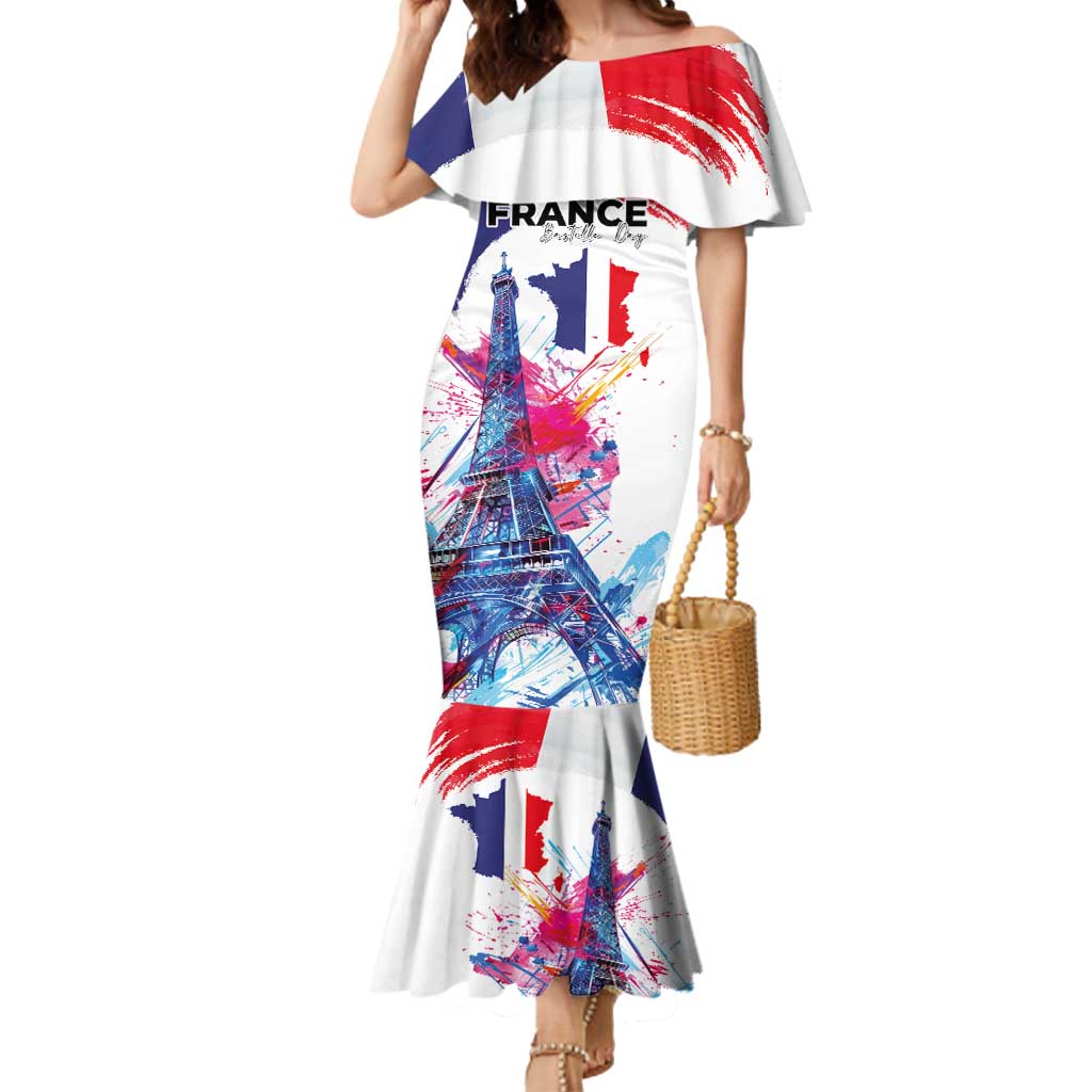 Bastille Day Mermaid Dress Eiffel Tower Brush Strokes Colorful with The Map