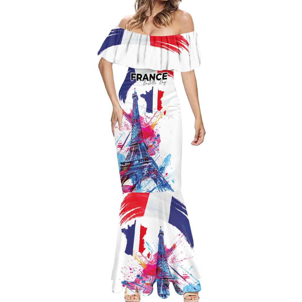 Bastille Day Mermaid Dress Eiffel Tower Brush Strokes Colorful with The Map