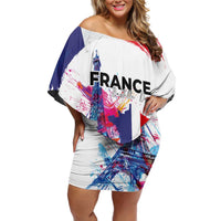 Bastille Day Off Shoulder Short Dress Eiffel Tower Brush Strokes Colorful with The Map