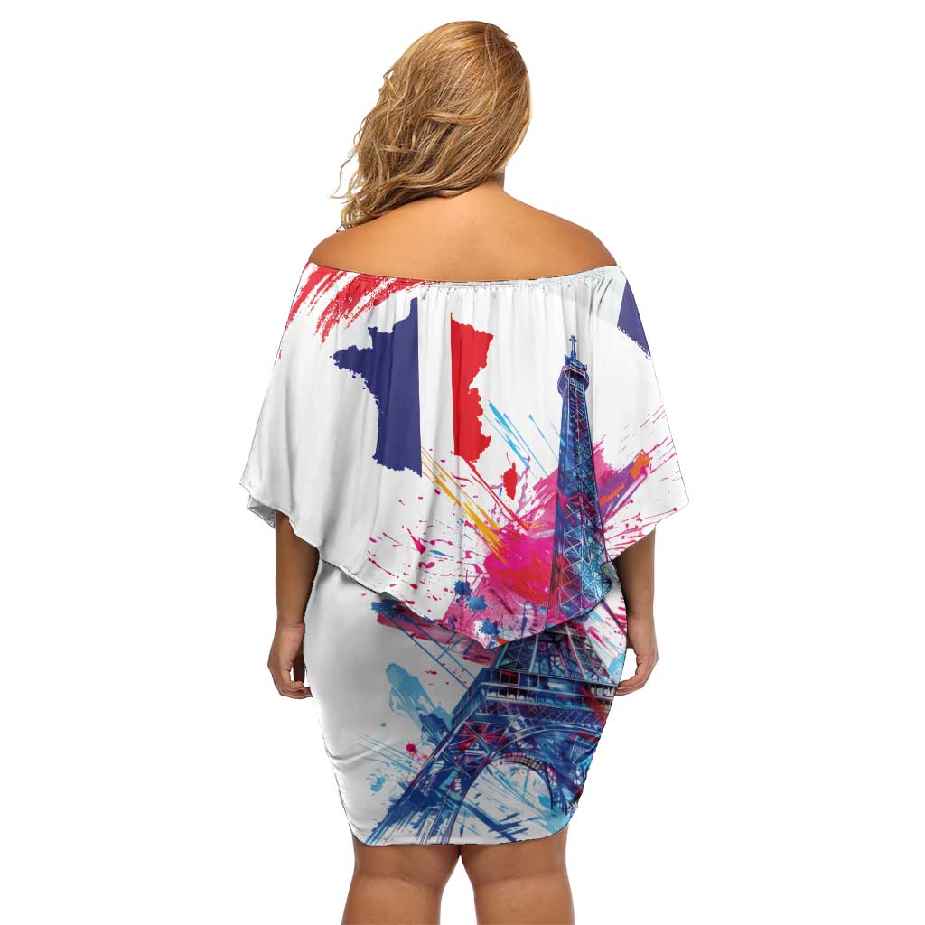Bastille Day Off Shoulder Short Dress Eiffel Tower Brush Strokes Colorful with The Map