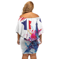 Bastille Day Off Shoulder Short Dress Eiffel Tower Brush Strokes Colorful with The Map