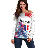 Bastille Day Off Shoulder Sweater Eiffel Tower Brush Strokes Colorful with The Map