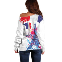 Bastille Day Off Shoulder Sweater Eiffel Tower Brush Strokes Colorful with The Map