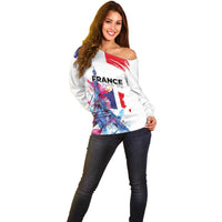 Bastille Day Off Shoulder Sweater Eiffel Tower Brush Strokes Colorful with The Map