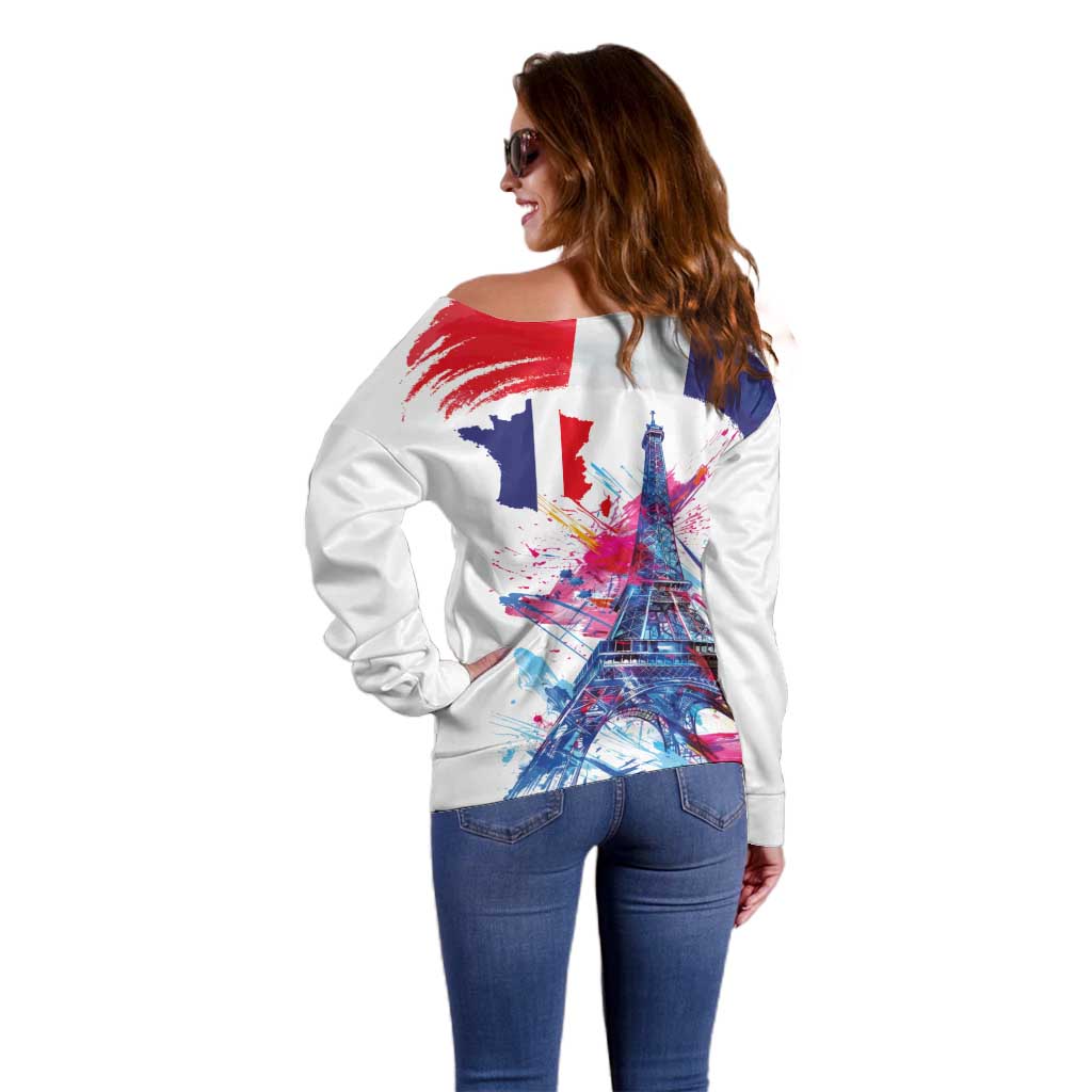 Bastille Day Off Shoulder Sweater Eiffel Tower Brush Strokes Colorful with The Map