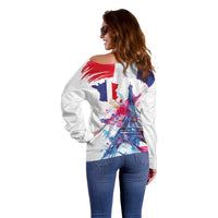 Bastille Day Off Shoulder Sweater Eiffel Tower Brush Strokes Colorful with The Map
