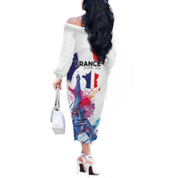 Bastille Day Off The Shoulder Long Sleeve Dress Eiffel Tower Brush Strokes Colorful with The Map