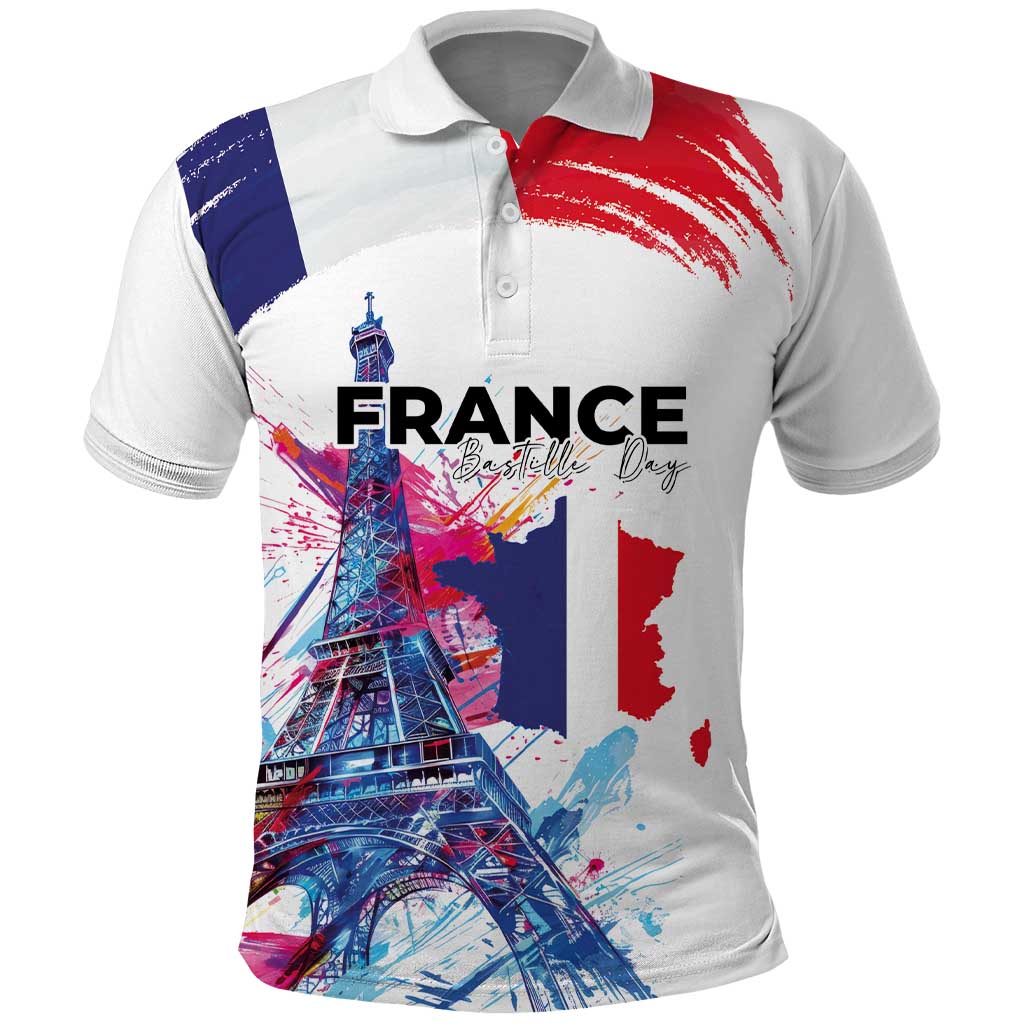 Bastille Day Polo Shirt Eiffel Tower Brush Strokes Colorful with The Map