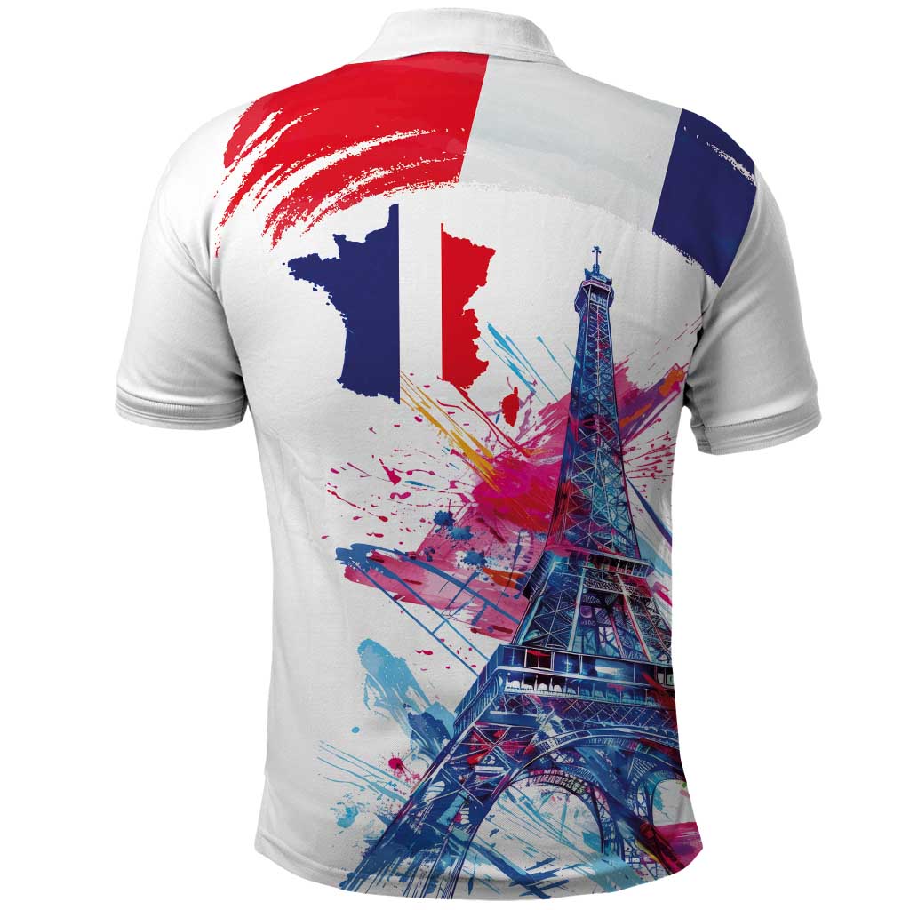Bastille Day Polo Shirt Eiffel Tower Brush Strokes Colorful with The Map