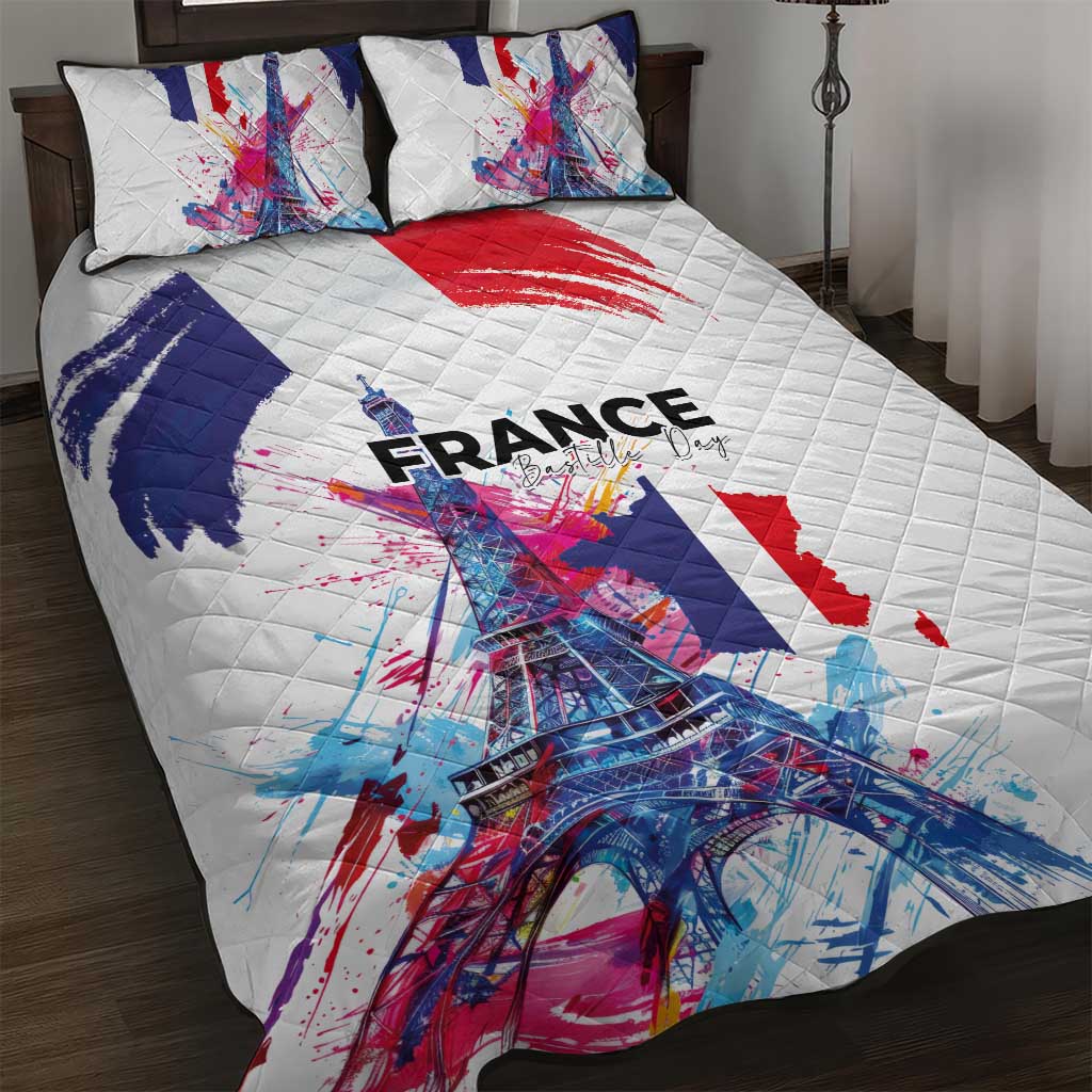 Bastille Day Quilt Bed Set Eiffel Tower Brush Strokes Colorful with The Map