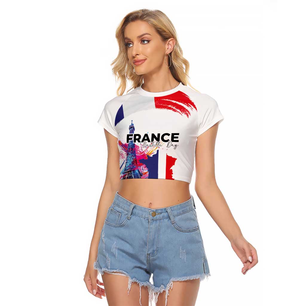 Bastille Day Raglan Cropped T Shirt Eiffel Tower Brush Strokes Colorful with The Map