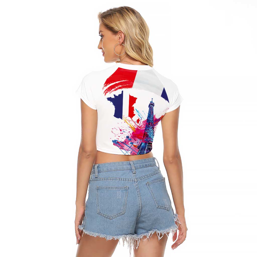 Bastille Day Raglan Cropped T Shirt Eiffel Tower Brush Strokes Colorful with The Map