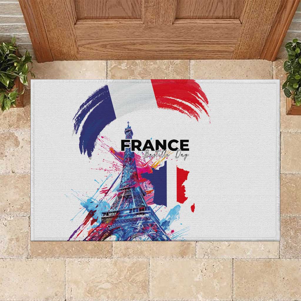 Bastille Day Rubber Doormat Eiffel Tower Brush Strokes Colorful with The Map