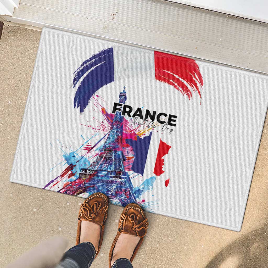 Bastille Day Rubber Doormat Eiffel Tower Brush Strokes Colorful with The Map