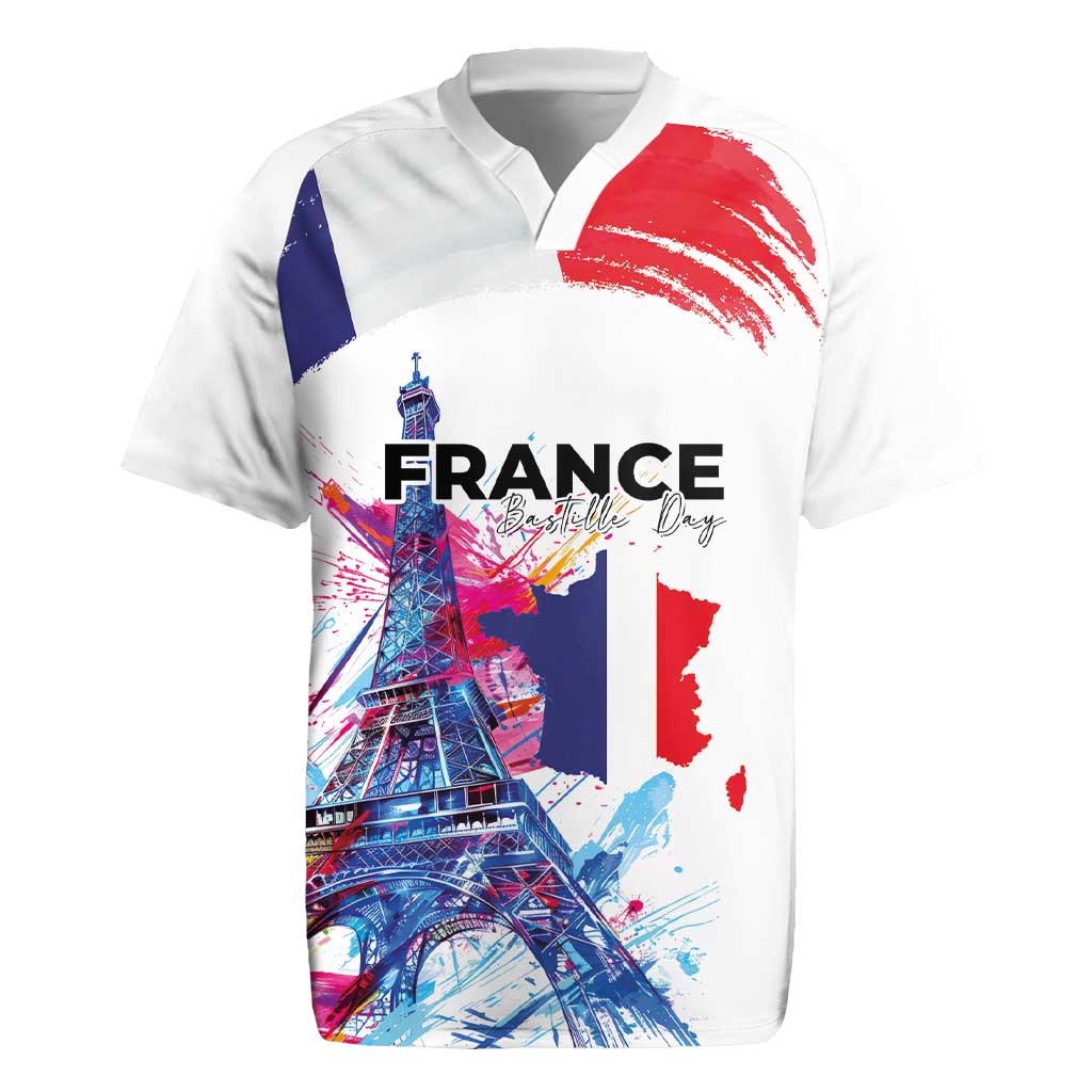 Bastille Day Rugby Jersey Eiffel Tower Brush Strokes Colorful with The Map