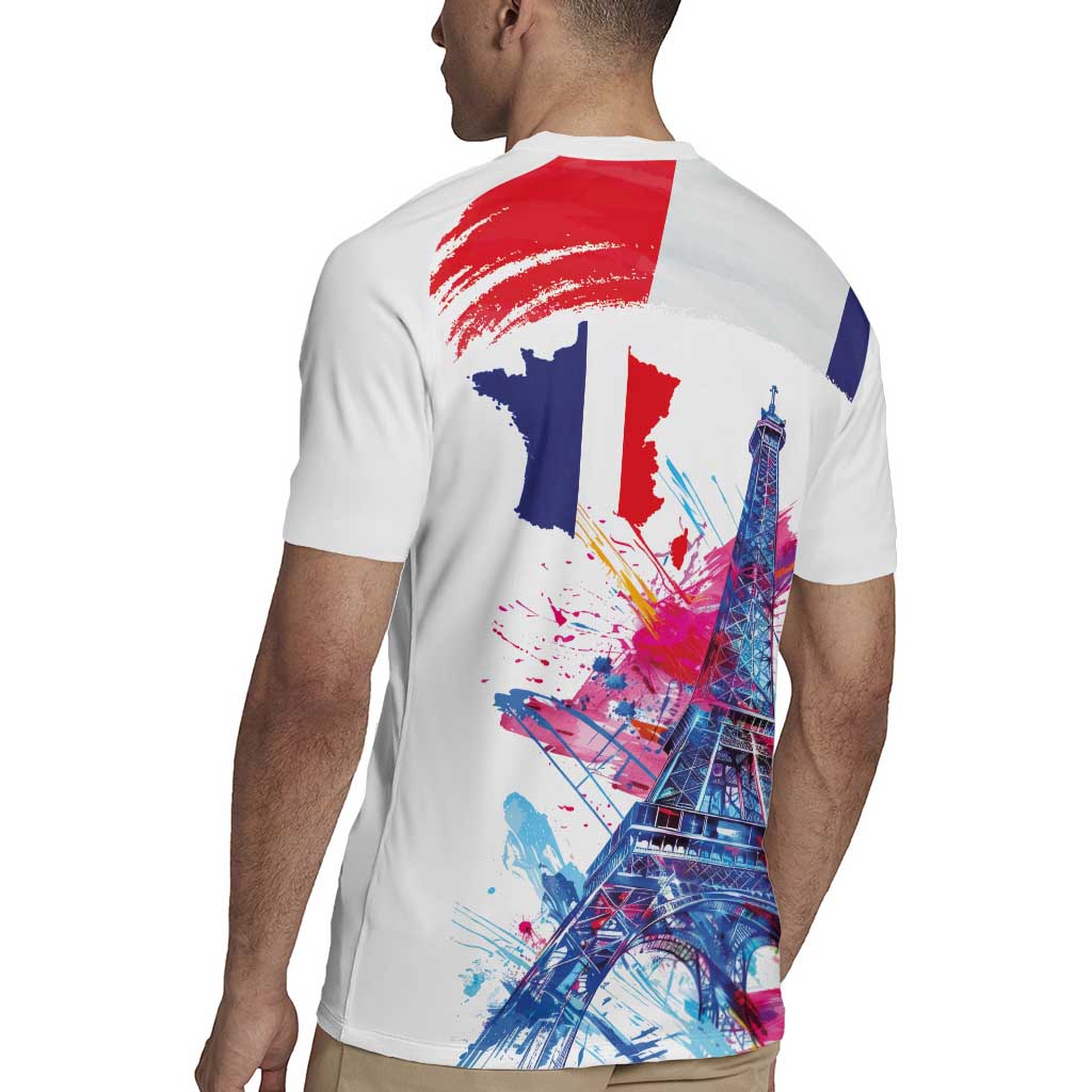 Bastille Day Rugby Jersey Eiffel Tower Brush Strokes Colorful with The Map