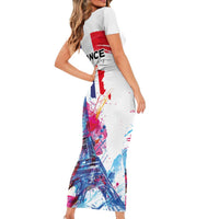 Bastille Day Short Sleeve Bodycon Dress Eiffel Tower Brush Strokes Colorful with The Map