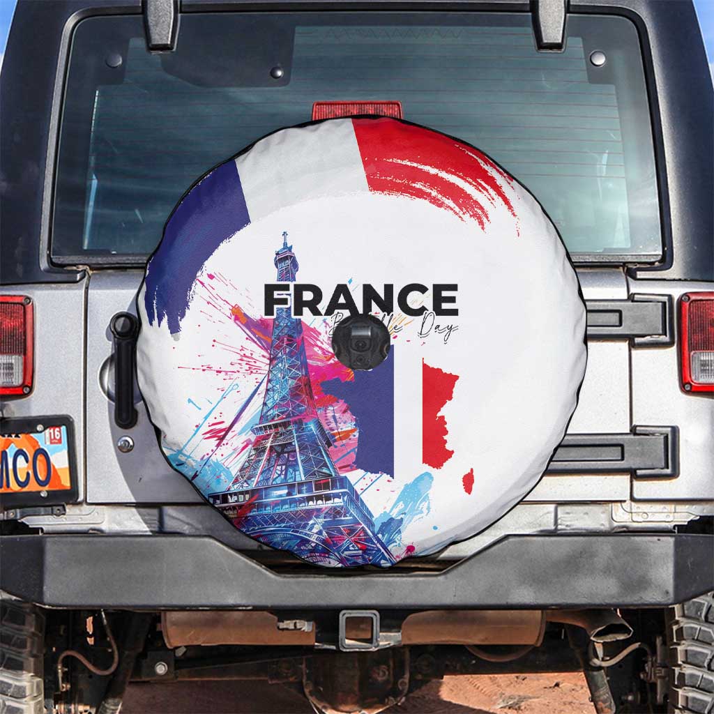 Bastille Day Spare Tire Cover Eiffel Tower Brush Strokes Colorful with The Map