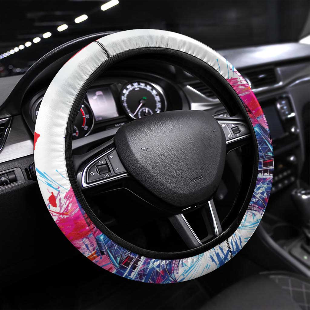 Bastille Day Steering Wheel Cover Eiffel Tower Brush Strokes Colorful with The Map