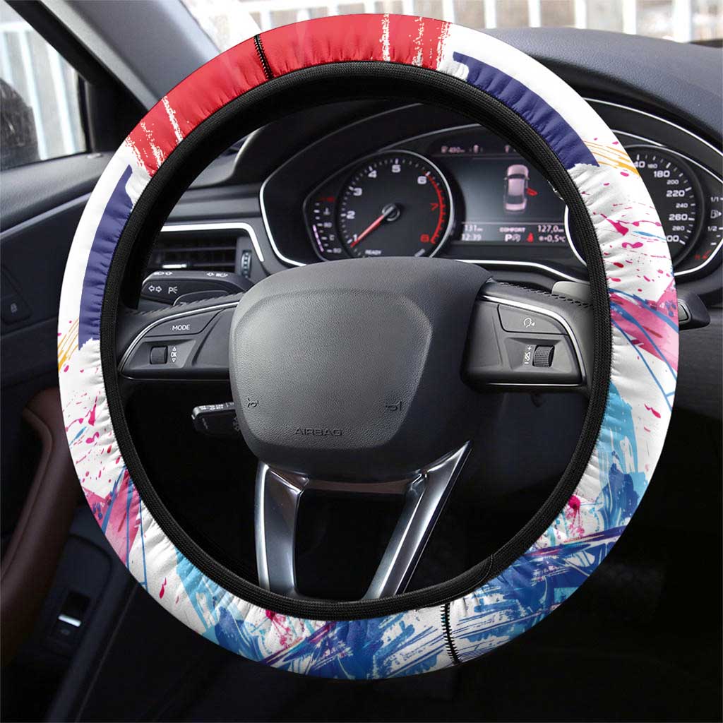 Bastille Day Steering Wheel Cover Eiffel Tower Brush Strokes Colorful with The Map