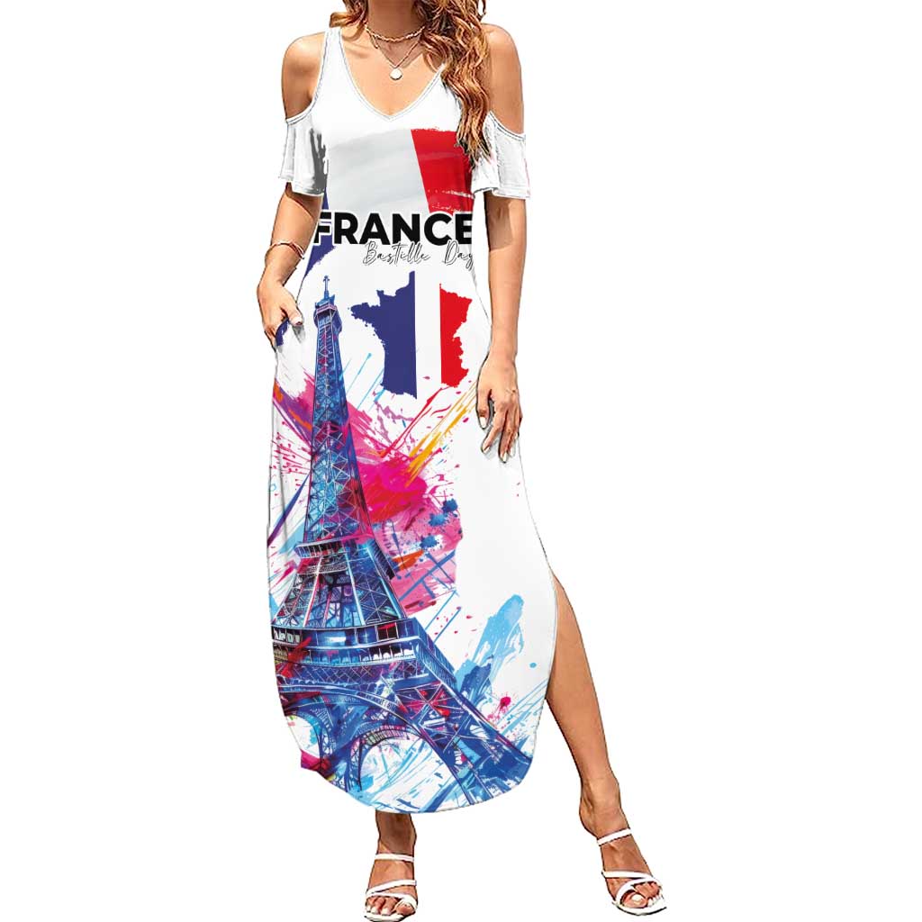 Bastille Day Summer Maxi Dress Eiffel Tower Brush Strokes Colorful with The Map