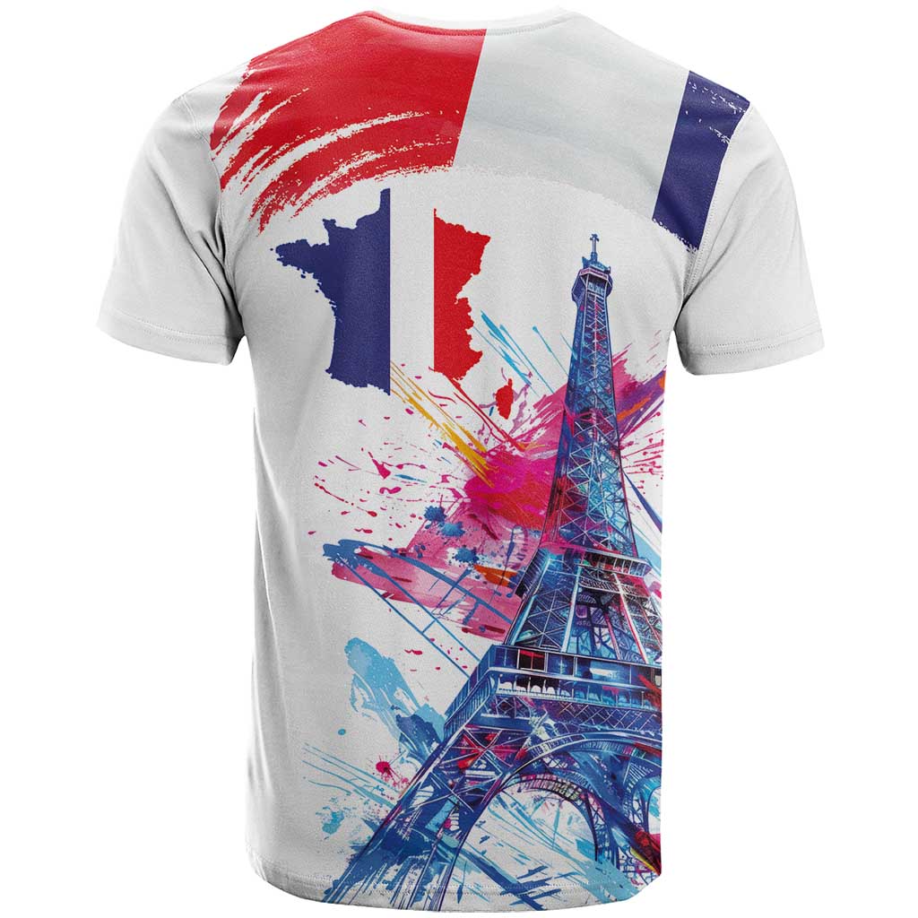 Bastille Day T Shirt Eiffel Tower Brush Strokes Colorful with The Map