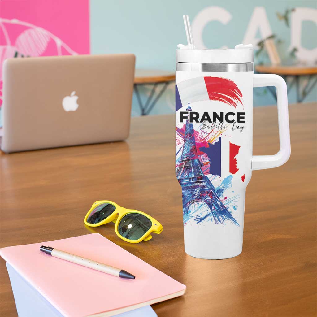 Bastille Day Tumbler With Handle Eiffel Tower Brush Strokes Colorful with The Map