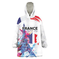 Bastille Day Wearable Blanket Hoodie Eiffel Tower Brush Strokes Colorful with The Map