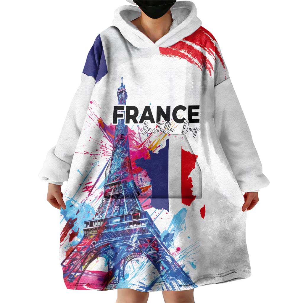 Bastille Day Wearable Blanket Hoodie Eiffel Tower Brush Strokes Colorful with The Map