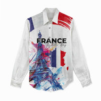 Bastille Day Women Casual Shirt Eiffel Tower Brush Strokes Colorful with The Map