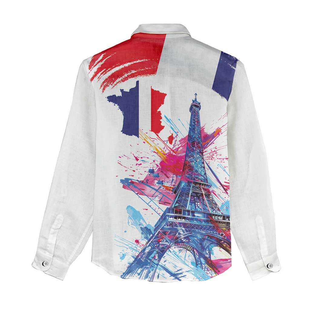 Bastille Day Women Casual Shirt Eiffel Tower Brush Strokes Colorful with The Map
