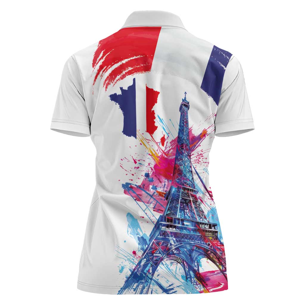 Bastille Day Women Polo Shirt Eiffel Tower Brush Strokes Colorful with The Map