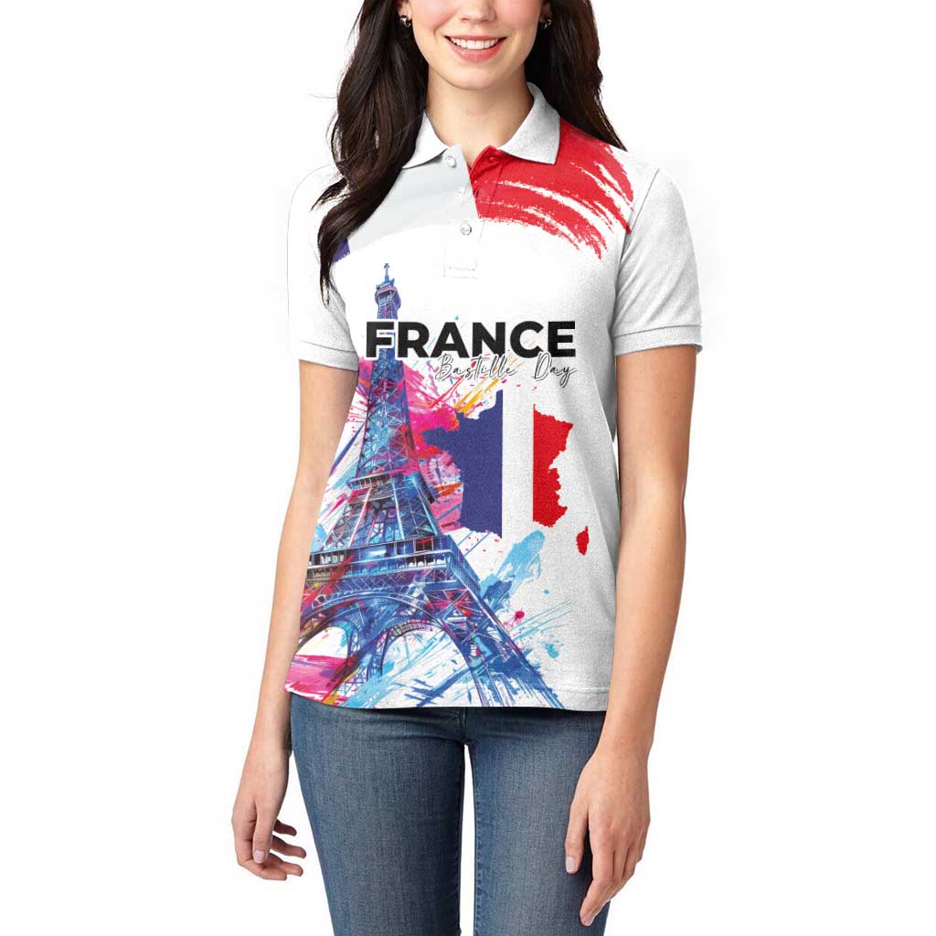Bastille Day Women Polo Shirt Eiffel Tower Brush Strokes Colorful with The Map