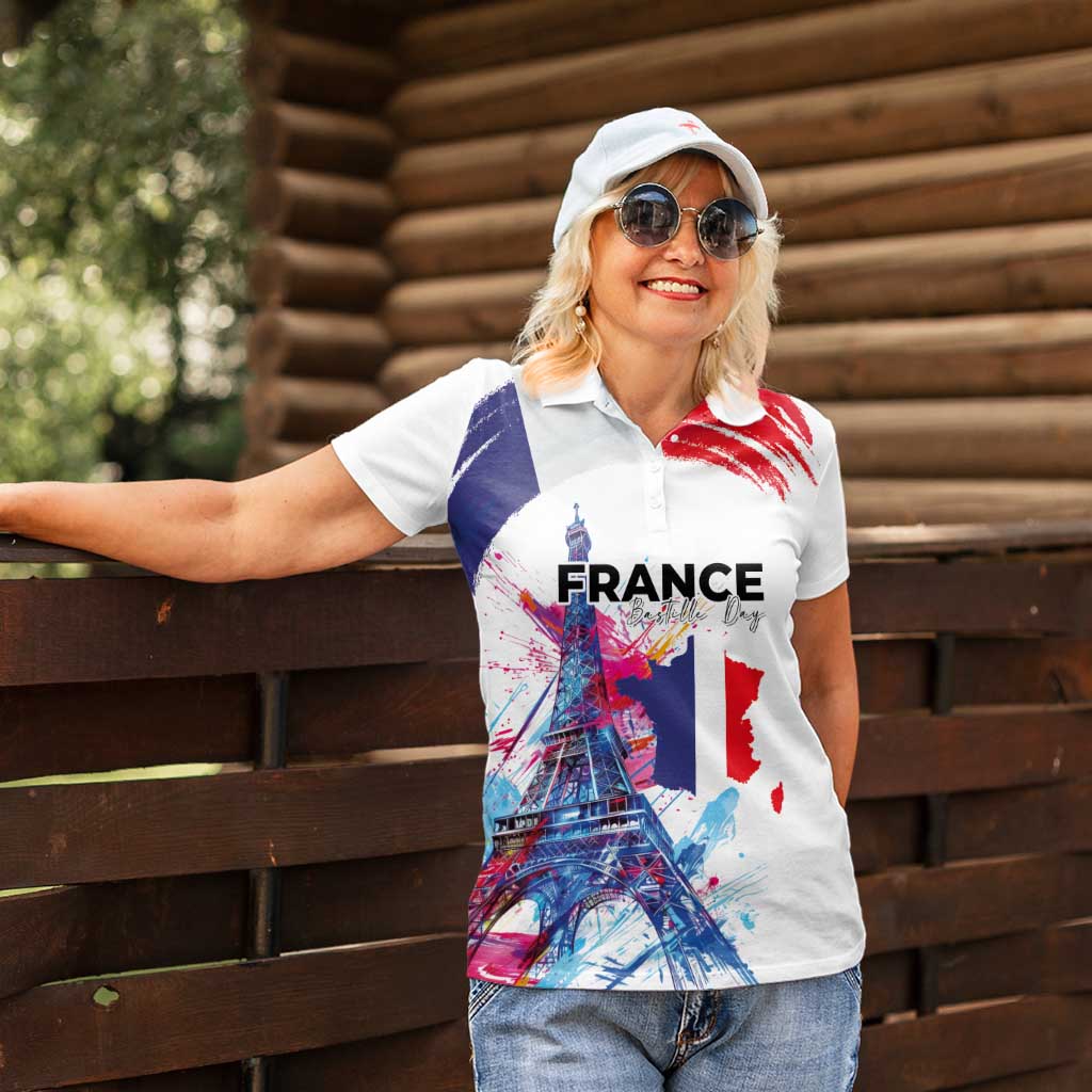 Bastille Day Women Polo Shirt Eiffel Tower Brush Strokes Colorful with The Map