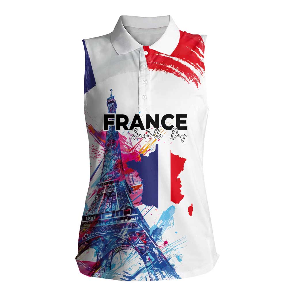 Bastille Day Women Sleeveless Polo Shirt Eiffel Tower Brush Strokes Colorful with The Map