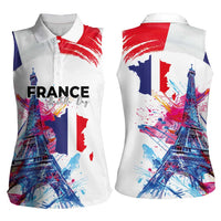 Bastille Day Women Sleeveless Polo Shirt Eiffel Tower Brush Strokes Colorful with The Map