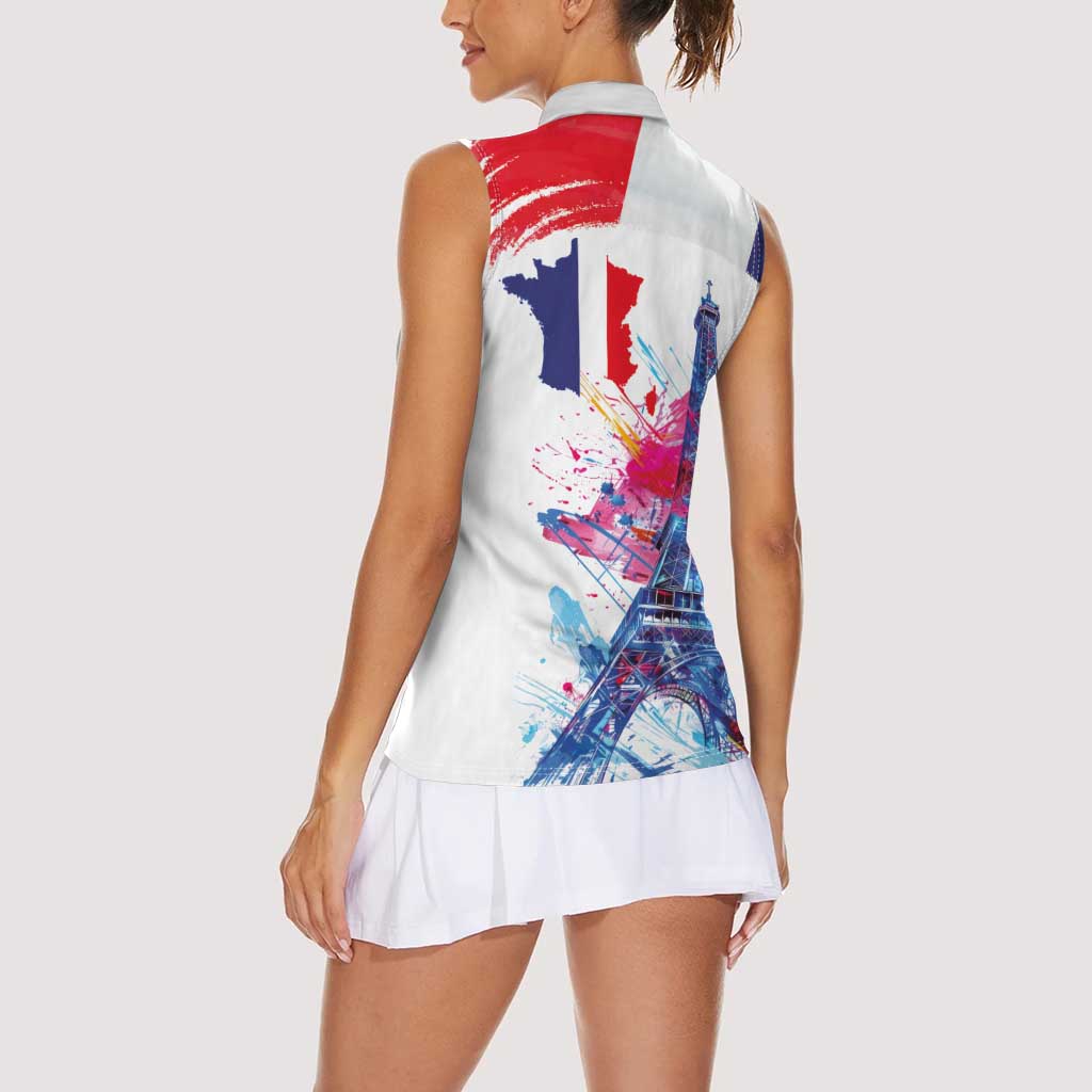 Bastille Day Women Sleeveless Polo Shirt Eiffel Tower Brush Strokes Colorful with The Map