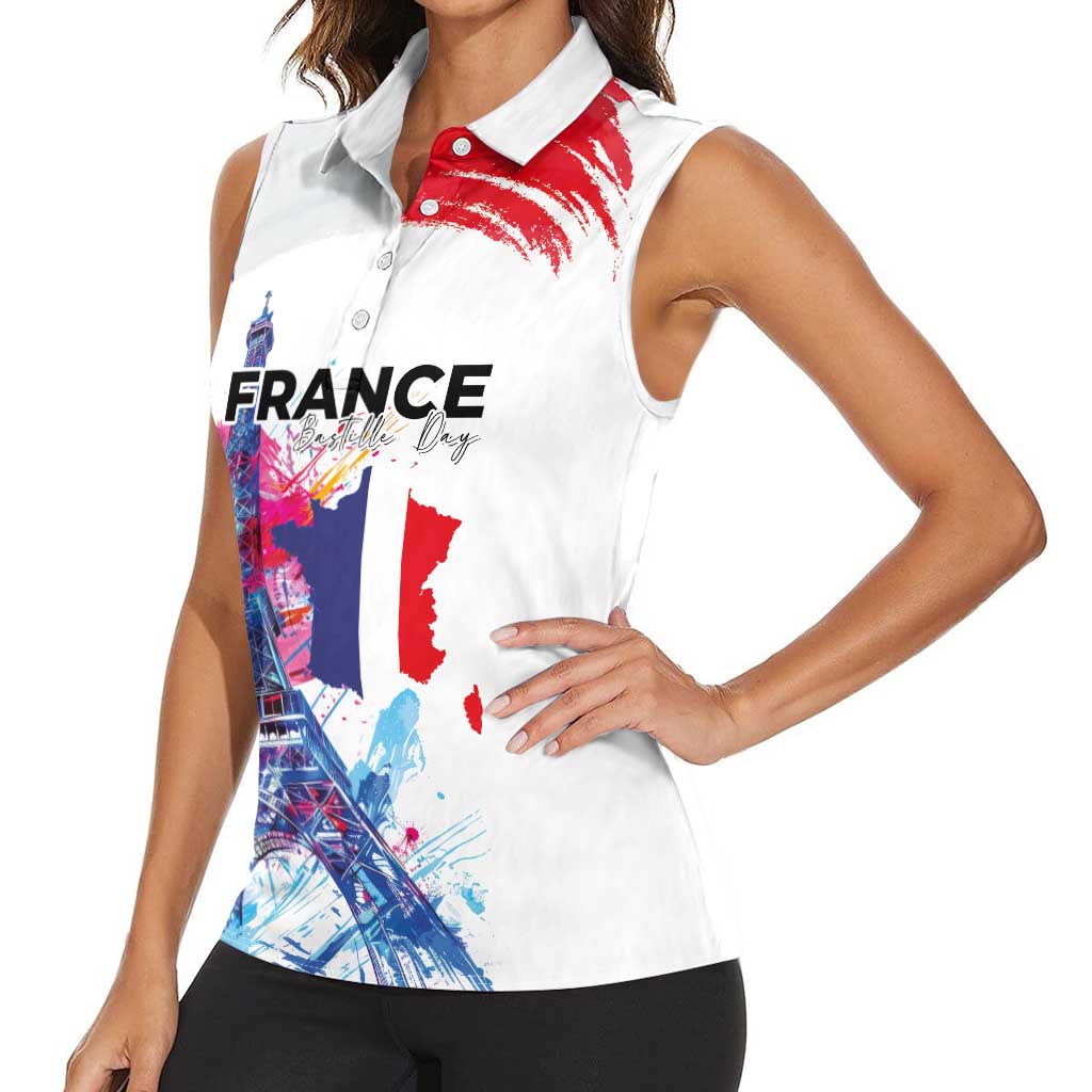 Bastille Day Women Sleeveless Polo Shirt Eiffel Tower Brush Strokes Colorful with The Map