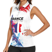Bastille Day Women Sleeveless Polo Shirt Eiffel Tower Brush Strokes Colorful with The Map