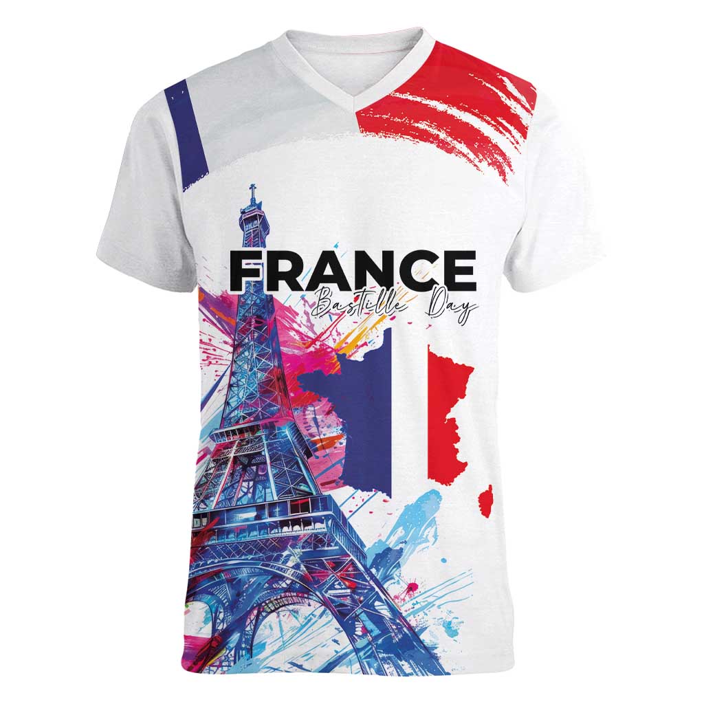 Bastille Day Women V-Neck T-Shirt Eiffel Tower Brush Strokes Colorful with The Map