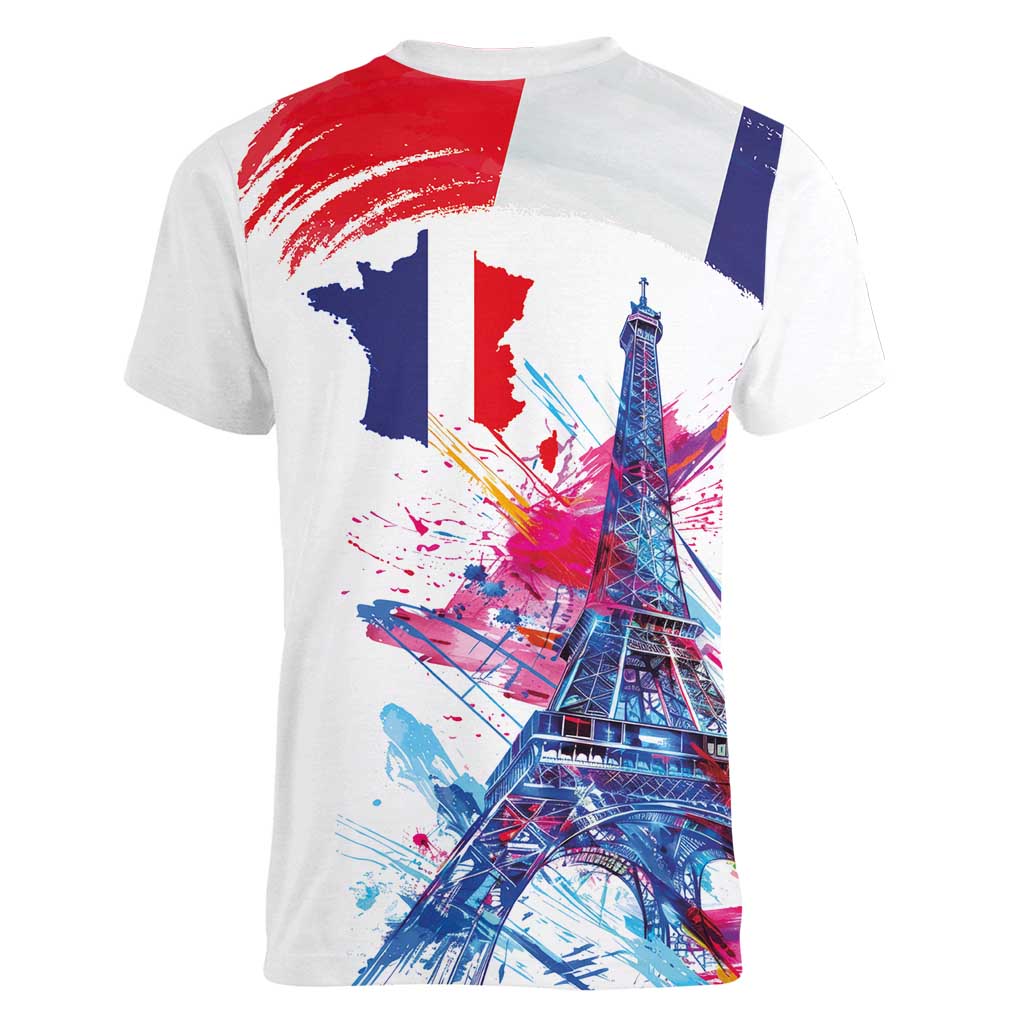 Bastille Day Women V-Neck T-Shirt Eiffel Tower Brush Strokes Colorful with The Map