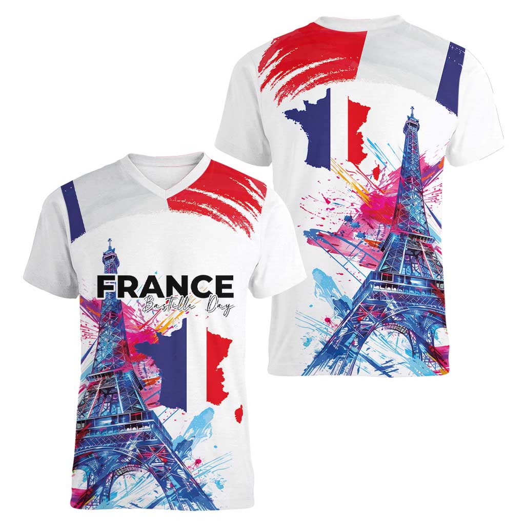 Bastille Day Women V-Neck T-Shirt Eiffel Tower Brush Strokes Colorful with The Map