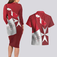 Malta Independence Day Couples Matching Long Sleeve Bodycon Dress and Hawaiian Shirt National Flag with Maltese Cross and Emblem