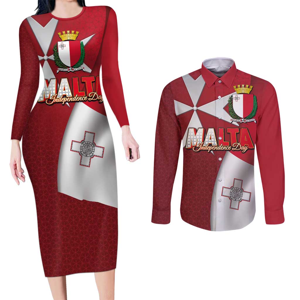 Malta Independence Day Couples Matching Long Sleeve Bodycon Dress and Long Sleeve Button Shirt National Flag with Maltese Cross and Emblem